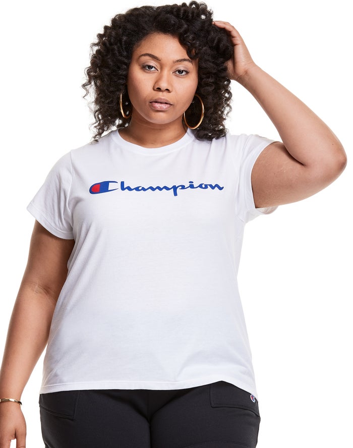 Champion Womens T-Shirt NZ - Plus Classic Script Logo White ( 9754-ZDBRI )